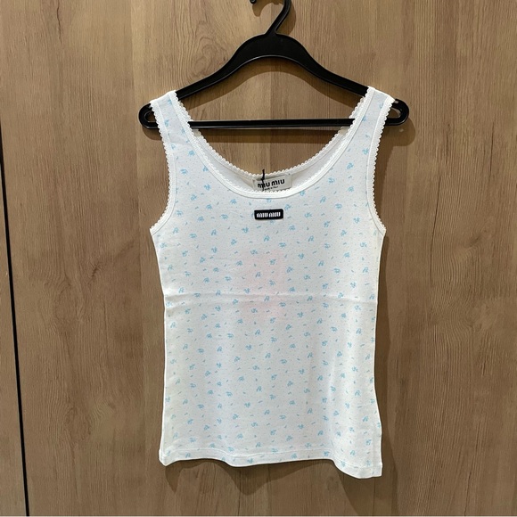 Miu Miu Tops - Miu Miu White Tank Top with Light Blue Micro Print